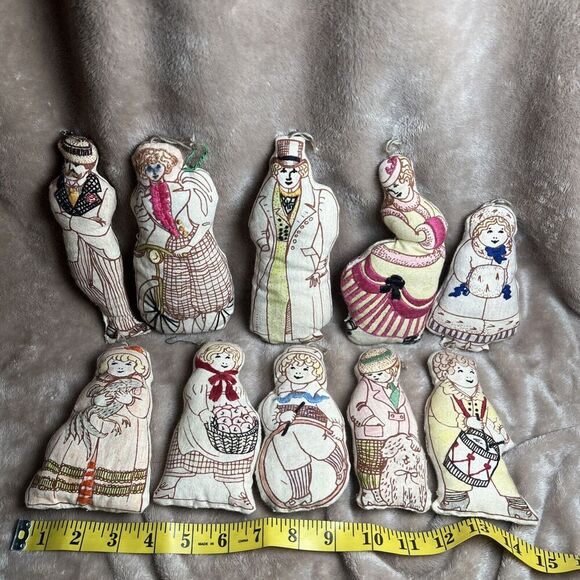 Ten Vtg Fabric Stuffed Victorian Ornaments Couple Plush Christmas Tree Handmade - Picture 2 of 4